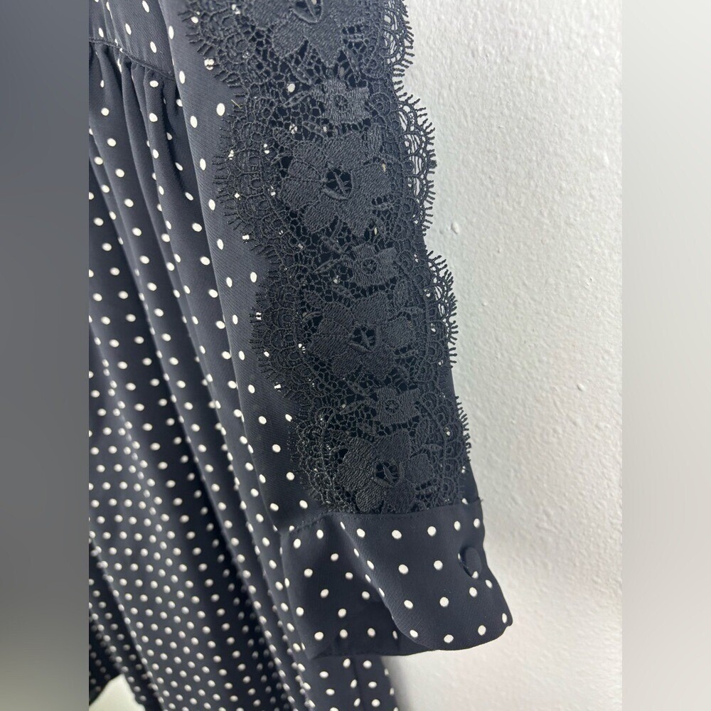 The Kooples Medium Black and White Polka Dot Pleated Collared Dress Lace Teacher - Picture 8 of 13